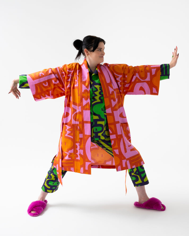 art robe gown graphic repeat pattern robe with funky artwork robe gown from independent brand